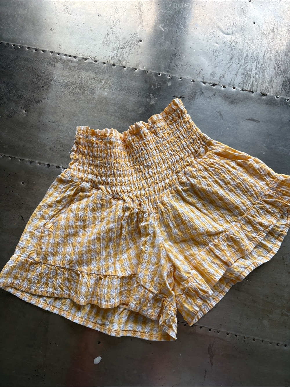 Rewash Yellow Smocked High-Waist Ruffle Shorts